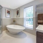 white bathroom with two tone walls
