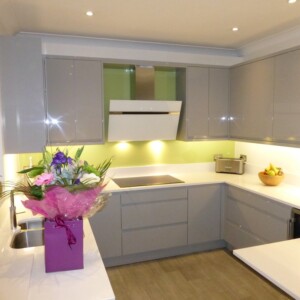 sparkly white and green kitchen
