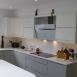 white and grey kitchen with artwork
