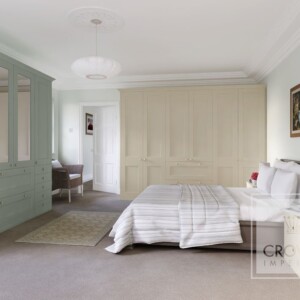 white and pale green bedroom