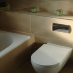 close up of toilet in brown bathroom