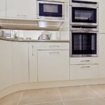 white and silver kitchen with built in microwave