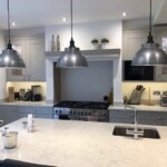 front view of kitchen with grey lights