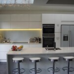 clean white kitchen with built in fridge
