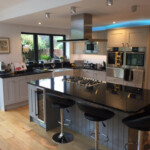 grey and black kitchen with middle hob