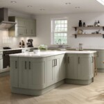 green and dark brown kitchen with dinning room table