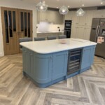 light blue island in kitchen