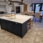 black and white kitchen with dinning room table